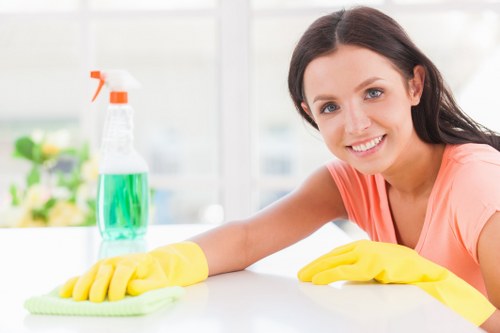 Carpet cleaning team preparing equipment with safety checks