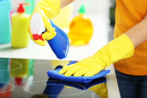 Cleaning operative treating a carpet stain with specialist equipment